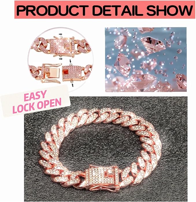 Cuban Link Dog Chain Collar Rose Gold Crystal Dog Necklace Metal with Design Secure Buckle Pet Collar Jewelry Accessories for Small Medium Large Dogs Cats(Rose Glod 20inch)