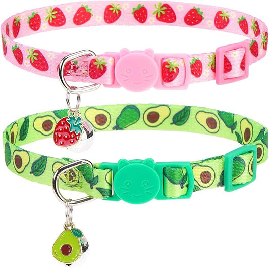 PUPTECK Breakaway Cute Cat Collar with Bell Charm, 2 Packs Adjustable Kitty Collars Fruit Pattern, Pink&Green, 7.8-11.8 in
