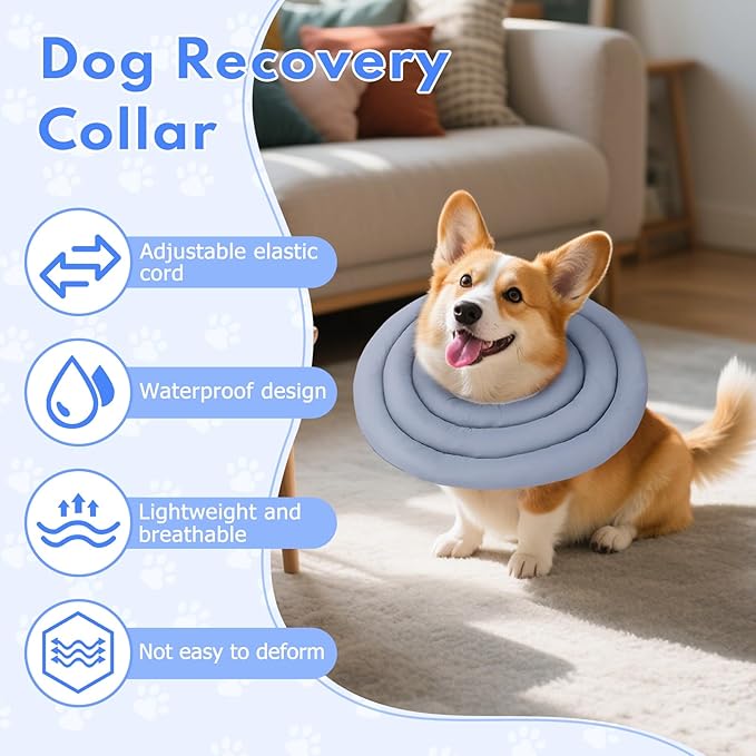 Dog Recovery Collar, Breathable Adjustable Soft Dog Cone, Waterproofing Cat Neck Cone, Pet Donut Collar After Surgery (Blue Gray, L)