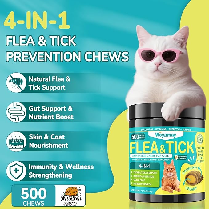 4-IN-1 Flea and Tick Prevention for Cats, 500 Crunchy & Creamy Chews, Cat Flea Treatment, Natural Oral Flea Treatment for Cats, Daily Support for Flea, Immune, Skin & Coat, Gut, Chicken Flavor