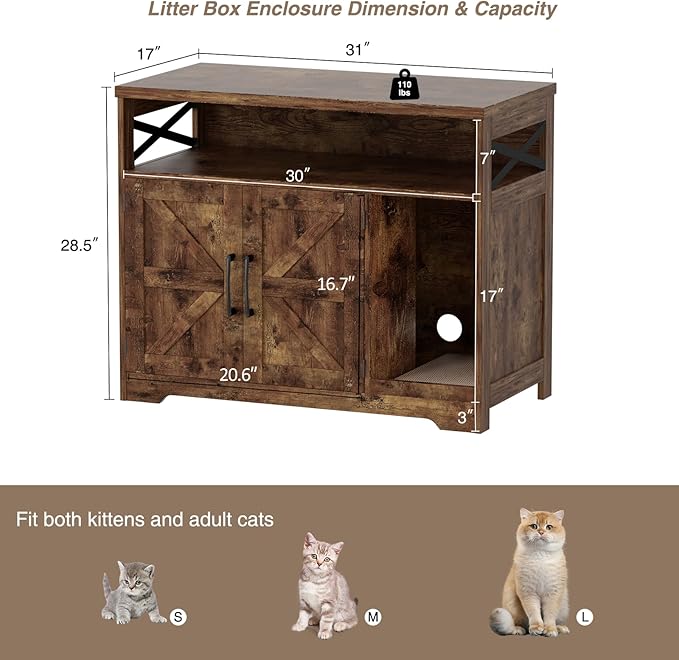 Cat Litter Box Enclosure, Hidden Litter Box Furniture with Scratch Pad, Farmhouse Indoor Cat House Washroom End Table, Rustic Brown