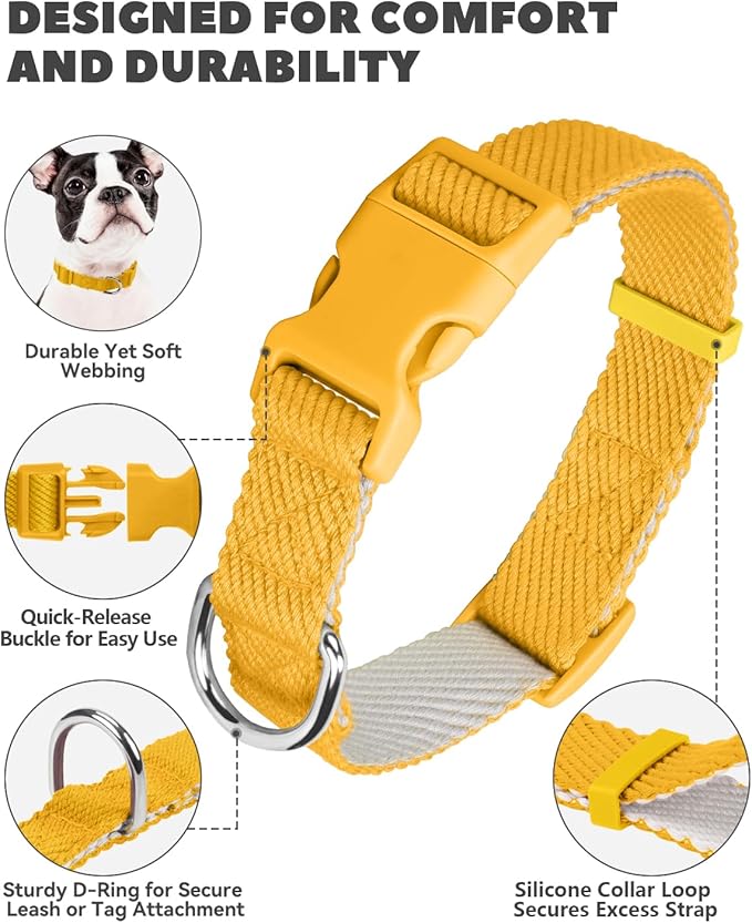 Dynmeow Soft and Breathable Cotton Dog Collar, Durable Adjustable Pet Collar with Quick-Release Buckle, Lightweight for Sensitive Skin for Small and Medium Dogs, Yellow, S