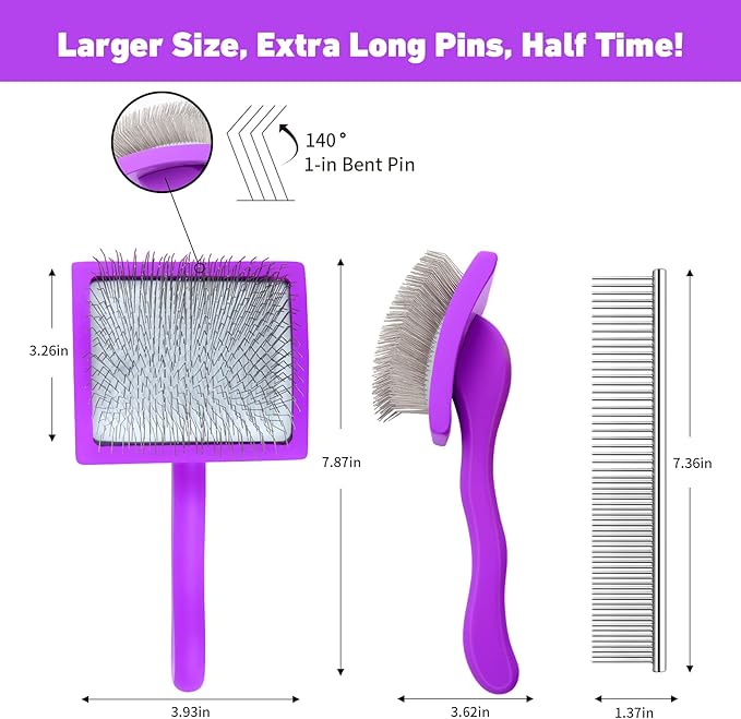 Dog Slicker Brush for Shedding and Grooming Medium or Long Haired Cats, Extra Long & Soft Pin Slicker Brush for Removes Loose Hair, Tangles, Knots, Undercoat, Free Pet Comb, Large Purple
