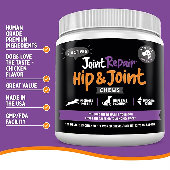 Joint Repair Hip and Joint Chews for Dogs - Finest for Pets Glucosamine, Chondroitin, MSM, Omega 3 & Turmeric for Dog Joint Support, Mobility & Pain Relief - (120 Chicken Flavored Chews, Made in USA)