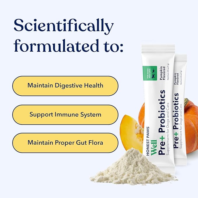 Honest Paws Probiotics for Dogs - Dog Digestion Gut Health Probiotic Powder with Prebiotic Made in The USA, Digestive and Immune Support - Digestive Enzymes with Pumpkin Flavor (30 Sticks)