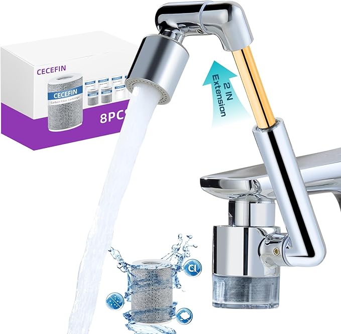 CECEFIN 1440ºSink-Water-Filter Faucet-Extender 3.0 Telescopic - Carbon Purifier Reduce 99% Chlorine, NSF Certified Bathroom Kitchen Aerator, Swivel Long Arm Extension for Toddlers, Hard Water Softener