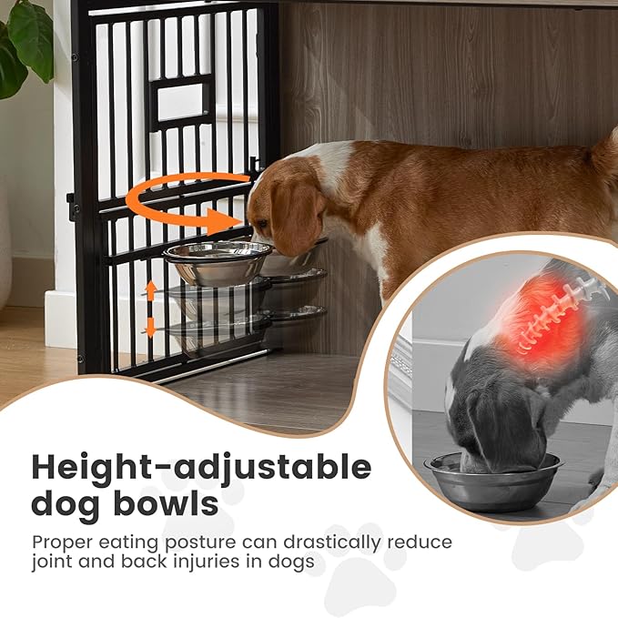27 Inch Heavy Duty Dog Crate Furniture for Puppy/Small Dogs, Decorative Pet House End Table with 3 Doors, Wooden Cage Kennel Furniture Indoor, Rustic Grey - Without Bowls
