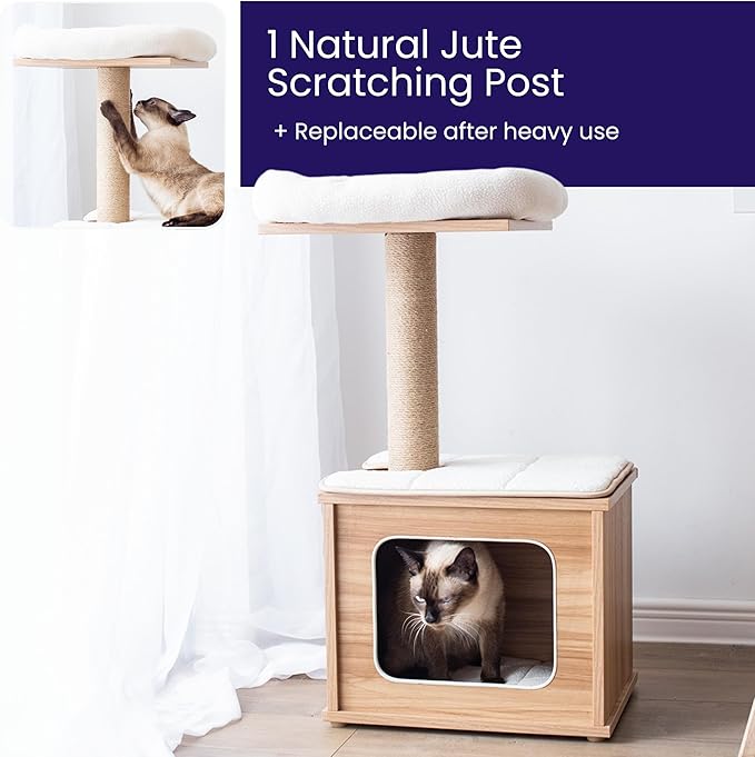 Catry 29.7" Tall 3 Level Laminated Wood Cat Tree with Large Base Condo, 2 Paded Steps, Natural Jute Scratching Post, Sturdy and Easy to Assemble for Small Cat, Brown