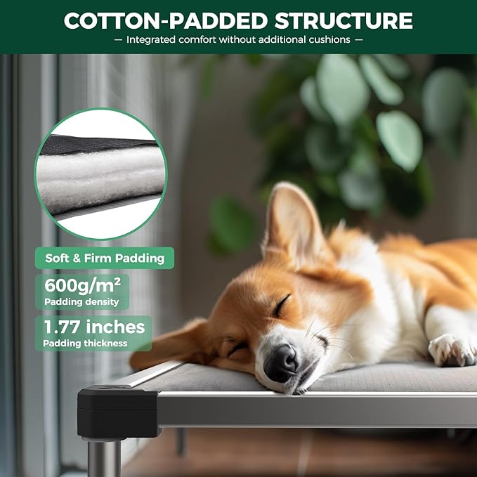FXW TitanNest Chew-Proof Elevated Dog Bed, Raised Cot for Indoor/Outdoor/Camping Use, Durable & Washable Padded Pet Bed for Large Dogs, 50.0" L x 31.0" W x 7.3" H, Gray