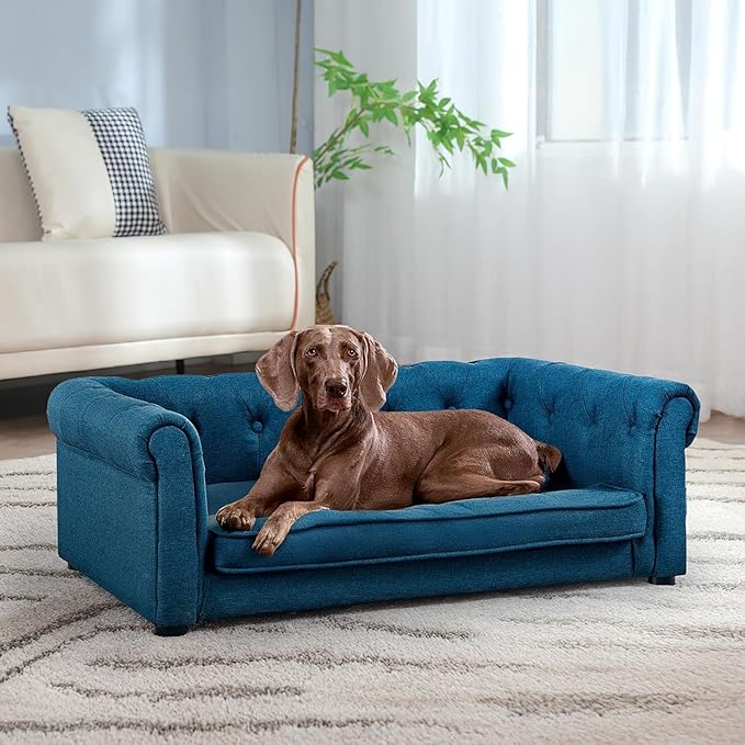 Dog Sofa Couch for Medium to Large Dogs, 31" Memory Foam Dog Couch with Washable Fabric, Removable Cushion, Sofa Bed for Medium and Large Dogs, Blue
