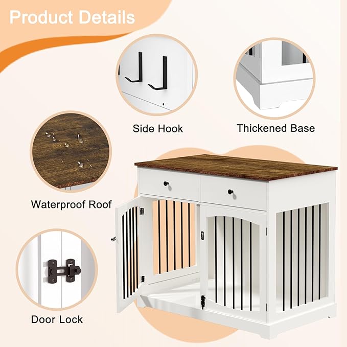 BREEZEHEAT 40 inch Dog Crate Furniture-Farmhouse Dog Kennel with Drawers-End Table Wooden Pet Crate, Double Door Design, Decorative Dog House Indoor for Small Medium Large Dog, White