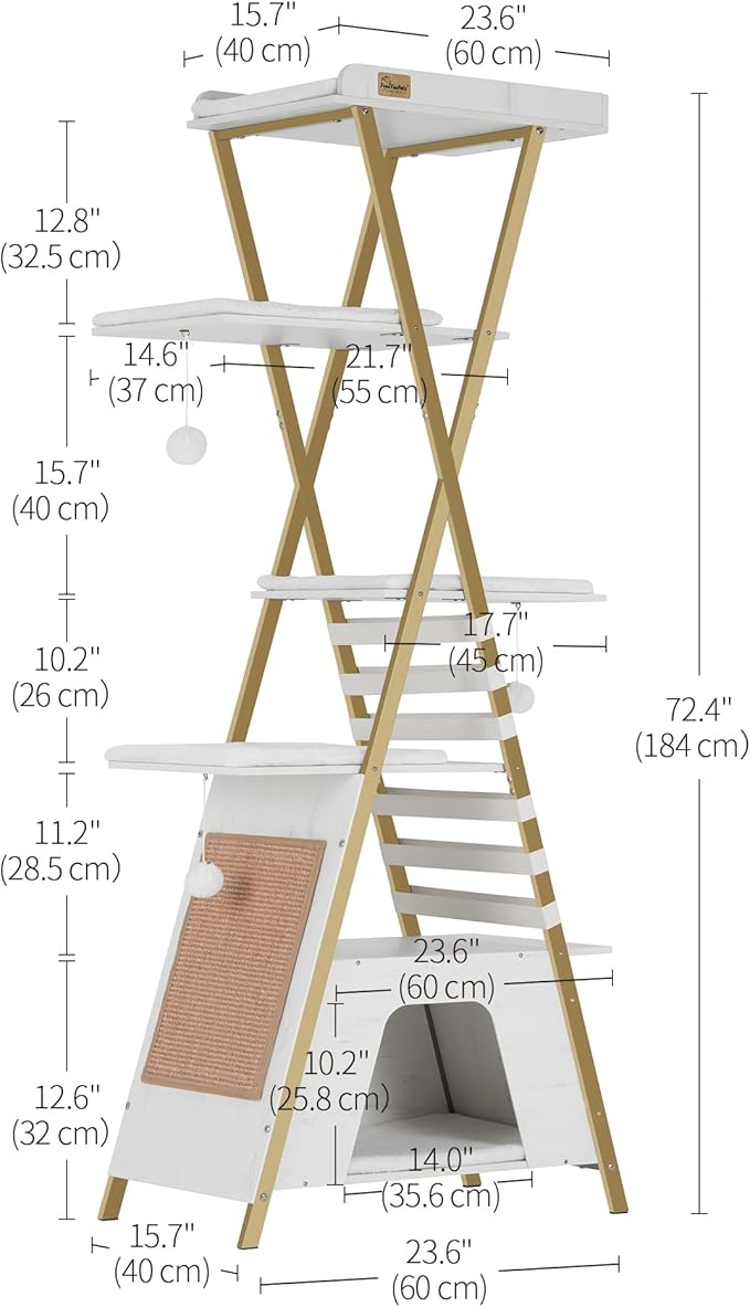 FourFurPets 72.4" Cat Tree, Modern Cat Tower for Indoor Cats, Multi-Level Cat Condo with Caves, Tall Cat Tree with Cat Scratching Board, Wooden Cat Tower with Large Perch, Removable Pads, White