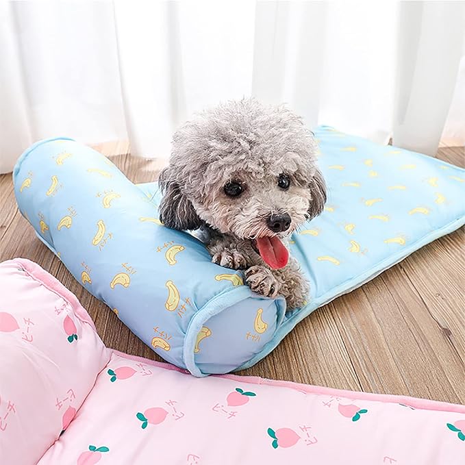 PUMYPOREITY Cooling Dog Bed, Pet Cooling Mat with Pillow, Ice Silk Cooling Dog Blanket, Self Cooling Pad for Cat,Dog, Washable Summer Pet Mat for Kennel, Crates, Sofa, Floor, Pink, S