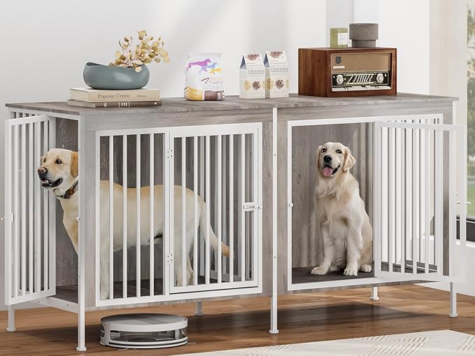 78 Inch Dog Cage Furniture for 2 Large/Medium Dogs with Removable Divider, Extra Large Double Doors Dog Kennel, XXL Thick Wooden Dog cage Furniture, Durable and Sturdy, Beige