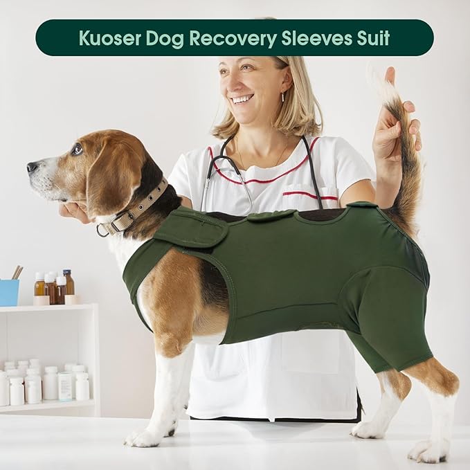 Kuoser Dog Surgery Recovery Suit, Thigh Wound Protective Sleeve for Dogs, Dog Recovery Sleeve for Female Male Dogs, Pet Surgical Suit for Spay Neuter, Dog Onesie After Surgery, Green XXL