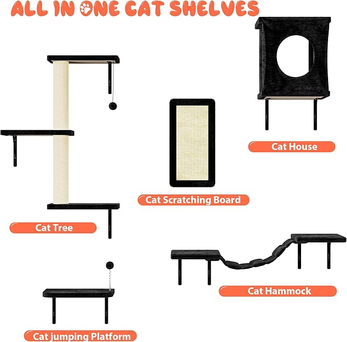 NUNU LAB Cat Wall Shelves Set, 5 Pcs Wall-Mounted Cat Climber with Cat House, Bridge, Scratching Post, Hammock, Wall Shelves, Black