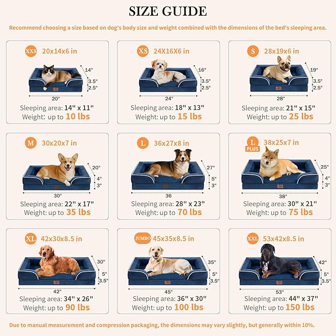 Comfort Expression Orthopedic Dog Bed for Medium Dogs 28x19 Inch, Waterproof Supportive Egg Crate Foam Medium Pet Bed with Removable Bolster, Dog Couch with Washable Cover & Non-Slip Bottom, Navy Blue