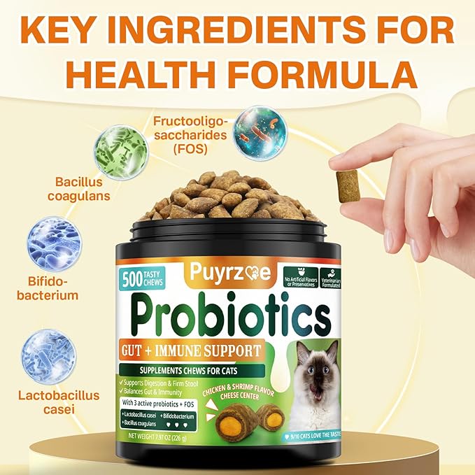 Cat Probiotics & FOS, Gut + Immune Support - 500 Chews Crunchy & Creamy Cheese Core, Probiotic for Digestive and Gut Health, Immunity, Constipation Relief for Cats Kittens - Chicken Shrimp