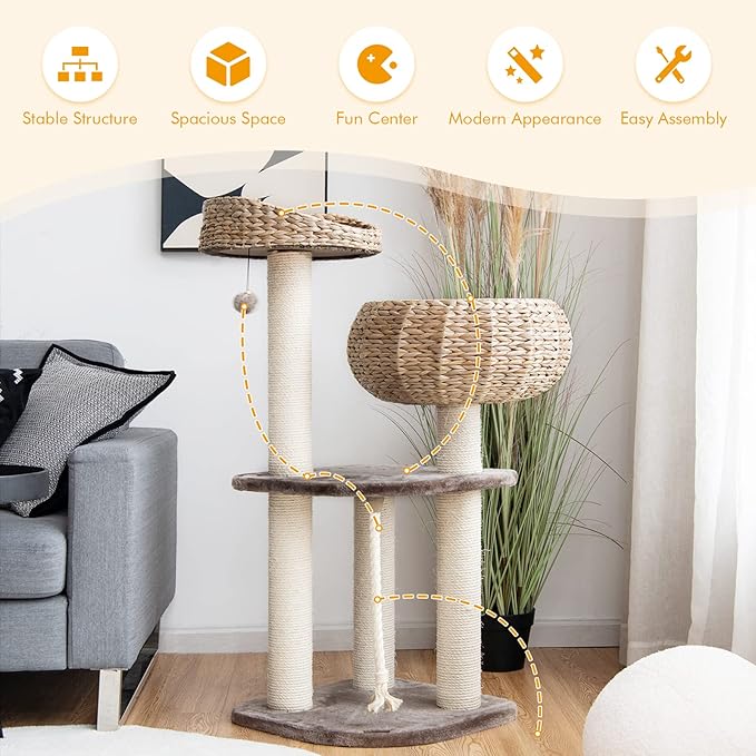 Tangkula Modern Cat Tree for Indoor Cats, Small/Tall Cat Tower with Natural Sisal Scratching Post, Hand-Made Wicker Cat Condo & Top Perch, Funny Hanging Toy Ball, Cute Cat Tree Tower for Large Cats