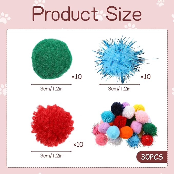 30 Pcs Cat Pom Pom Balls Assorted Color Sparkle Ball for Indoor Cats, Interactive Cats Toys Fuzzy Cat Balls Tinsel Glitter Chase Poms Poms Ball for Exercise and Entertainment