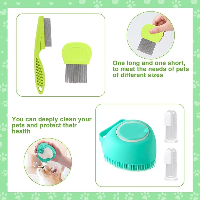 VCZONE 8 Pcs Cat Brush Grooming Kits, Pet Self Cleaning Kit with Pet Nail Clipper and File, Flea Comb, Pet Shampoo Bath Brush, Pet Shedding Brush, Silicone Toothbrush (Green)