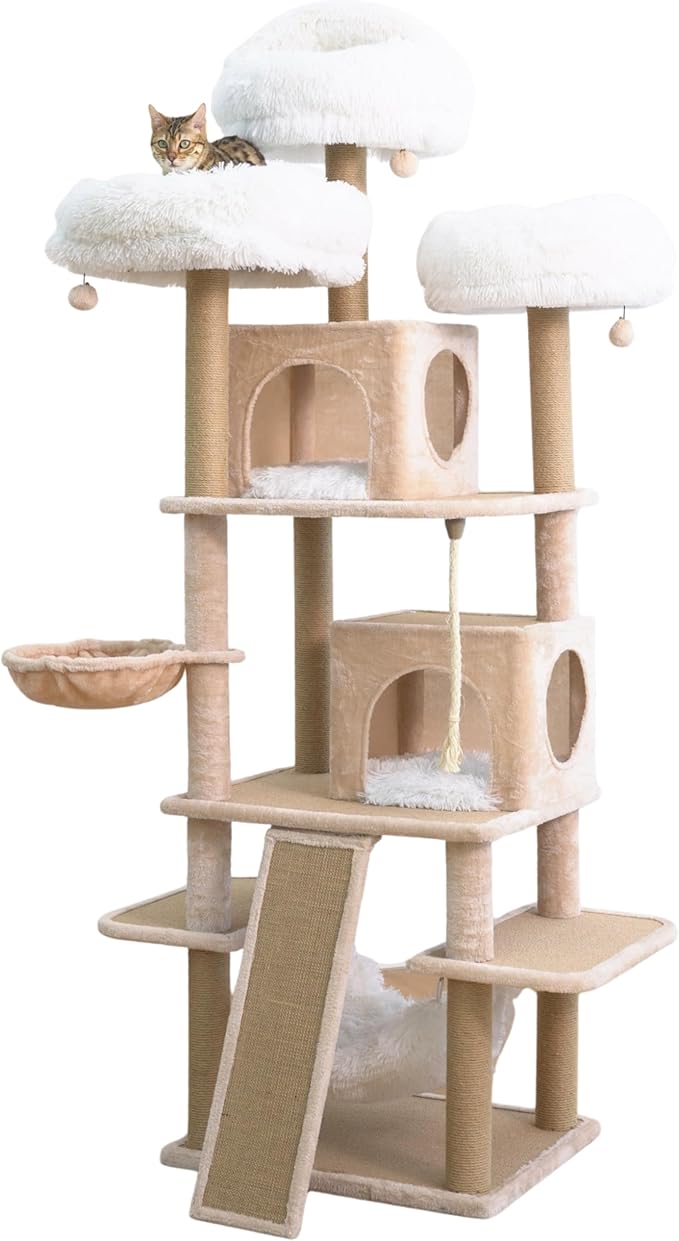 Catry 74.5" High 7-Level Extra Large Cat Tree with 2 Condos,2 Hammock,3 Washable Top Beds, Scratching Ramp Pad, Replaceable Scratching Posts, for Multi-Cat Homes (Light Brown &White)