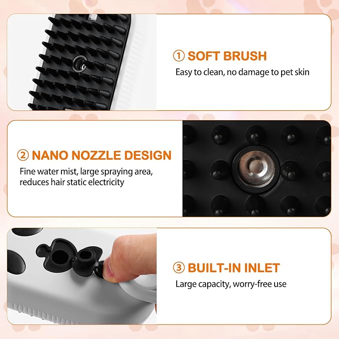 Pet Steam Brush for Dog & Cat,3-in-1 Spray Hair Removal Comb,Pet Steam Groomer Comb,Water Brush for Long & Short Haired Pets,Massage, Cleaning, Multifunctional Hair Removal Comb for Cats Dogs (White)