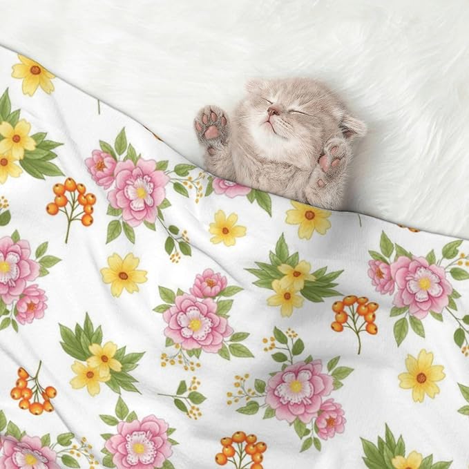 Double Sided Plush Pet Blanket with Cozy Dot Texture and Smooth Reverse, Colorful Rowan Berries Blossoming Spring Poppies Pattern, Reversible Throw for Dogs Cats on Couches Beds Crates