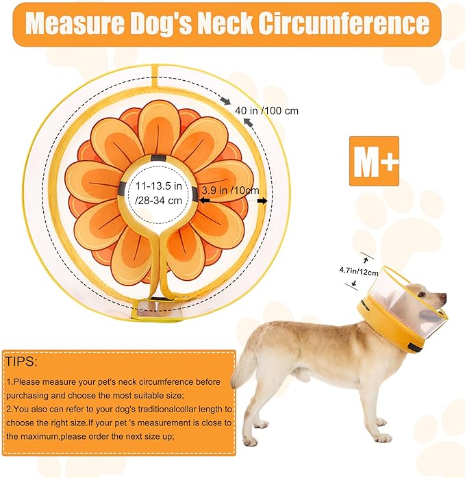 Inflatable Dog Cone Collar with Enhanced Anti-Licking, Soft Neck Donut for Dogs Cats, Recovery Pet Cone Collar After Surgery for Large Medium Small Dogs (Yellow Flower, Medium+)