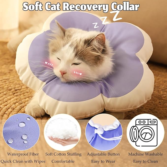 Cat Cone Collar Soft, Adjustable Kitten Cone After Surgery, Waterproof Recovery E Collar for Pet to Stop Licking(Purple Flower, Large)