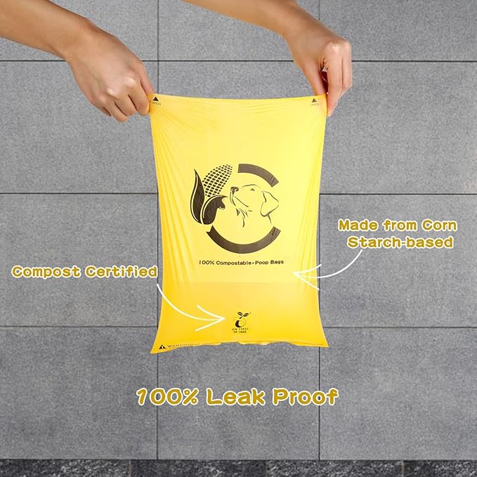 Certified Compostable Dog Poop Bags, 120 Count Landfill Friendly and Leakproof Waste Bags, Easy Open Unscented Maize Yellow Poop Bag for Dog, 15 Doggy Bags Per Roll (8 rolls)