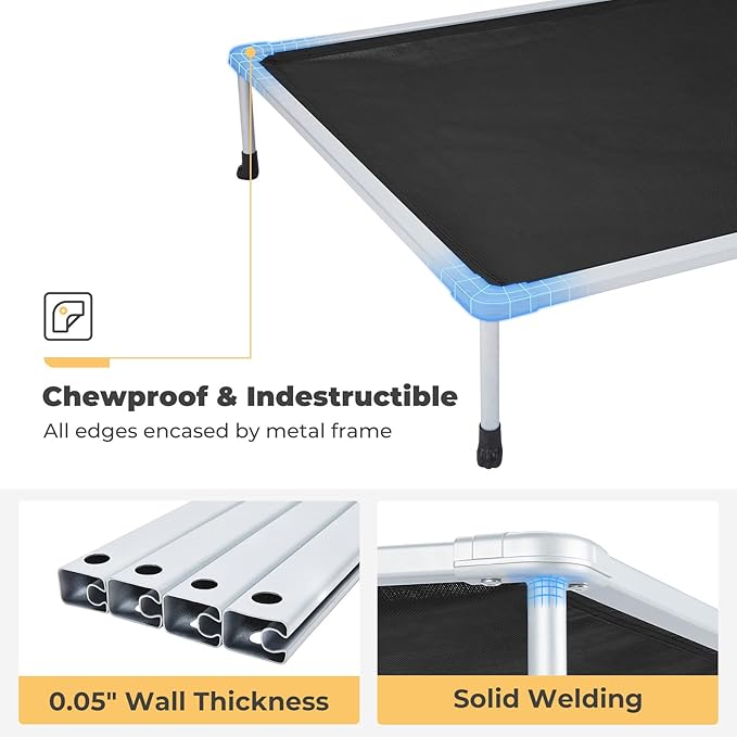 Veehoo Chewproof Elevated Dog Bed - Cooling Raised Pet Cot, Breathable Mesh, Washable & Non-Slip for Large Dogs, Indoor/Outdoor, Black Mat and Silver Metal Frame, 49x33inches (Model CWC2203B03)