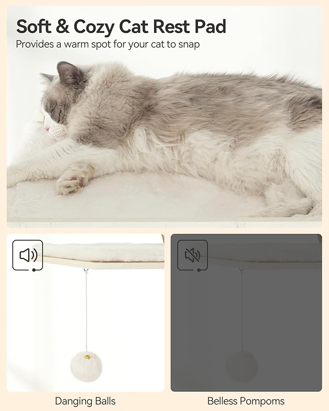 FourFurPets 72.4" Cat Tree, Modern Cat Tower for Indoor Cats, Multi-Level Cat Condo with Caves, Tall Cat Tree with Cat Scratching Board, Wooden Cat Tower with Large Perch, Removable Pads, White