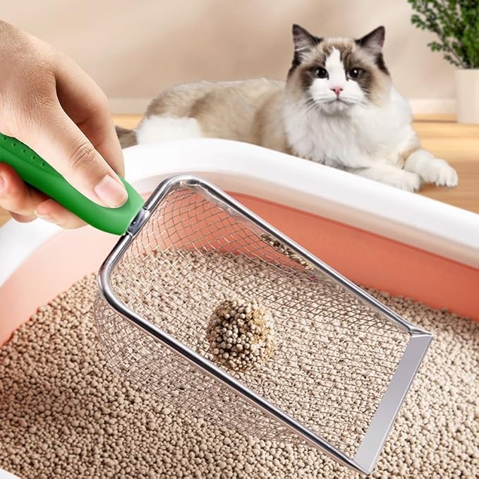 Cat Litter Scoop,Sturdy Litter Cleaner Corner Shovel,Stainless Steel Mesh Litter Shovel,Easy to Clean Reptile Terrarium Sand Waste,Beach Shovel(Green)