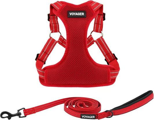 Best Pet Supplies Voyager Adjustable Step-in Flex Breathable Mesh Dog Harness for Small Medium Large Dogs Leash Set (Red), L