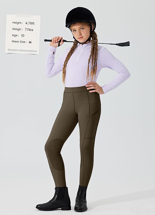 Willit Girls Horse Riding Pants Tights Kids Equestrian Breeches Knee-Patch Youth Schooling Tights Zipper Pockets