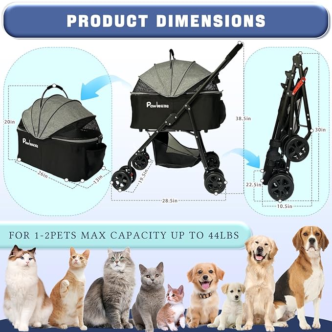 4 Wheels Pet Stroller 4 in 1 Pet Stroller with Detachable Carrier for Small & Medium Dogs Cats up to 55 lbs Easy-Folding Travel Dog Wagon with Car Seat Breathable Mesh,White Cartoon