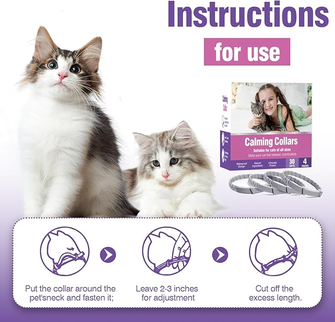 Calming Collar for Cats 4 Pack - Adjustable Soother - Anxiety Relief - Stress Pheromone Collar - Comfort Cat Calm Collars - Lasts 30 Days