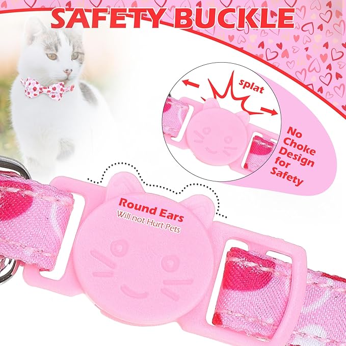 EXPAWLORER Valentines Cat Collar Breakaway with Bells - 2 Pack Holiday Cat Collars with Removable Bow Tie and Bandana, Adjustable Valentines Day Pet Collar for Cats Kittens, Pink Heart