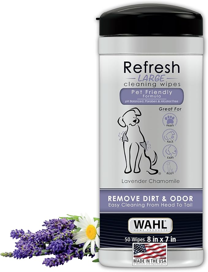 Wahl USA Pet Refresh Lavender Cleaning Wipes for All Dog Breeds - Use on Ears, Nose, Paws, Bottom, & Sensitive Areas - 50 Wipes - 820018A