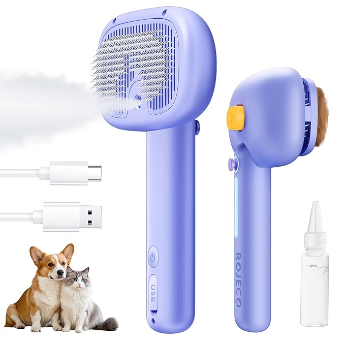 ROJECO 3-in-1 Pet Steam Brush for Cats&Dogs - Detangling Comb with Adjustable Mist, Handheld Deshedding Grooming Tool for Long/Short Hair, Massage Brush & Shedding Control Gift,Cordless,Purple