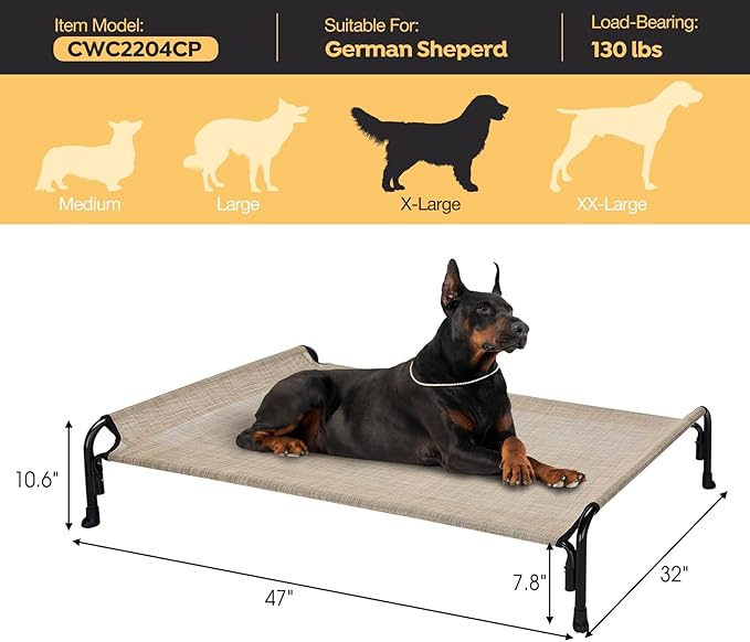 Veehoo XL Outdoor Elevated Dog Bed, Raised Dog Cot for Extra Large Dogs, Cooling Washable Waterproof Pet Hammock Beds with Slope Headrest, Breathable Mesh and Sturdy Frame, X-Large, CWC2204
