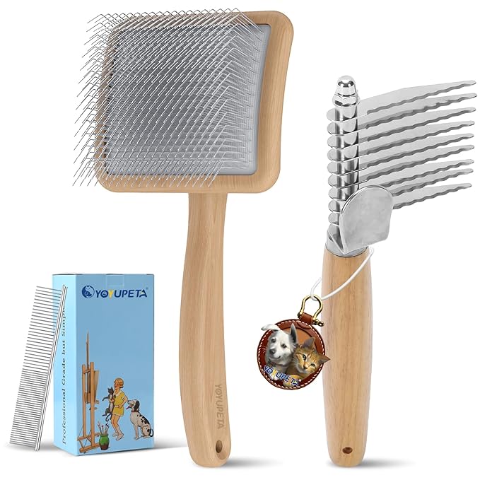 Long Pin Dog Slicker Brush for Poodles, Golden Doodles & Cats - 3-Piece Grooming Kit with Dematting Comb and Pet Comb, Large Wooden Handle Deshedding Tools for Thick Hair Mats Removal