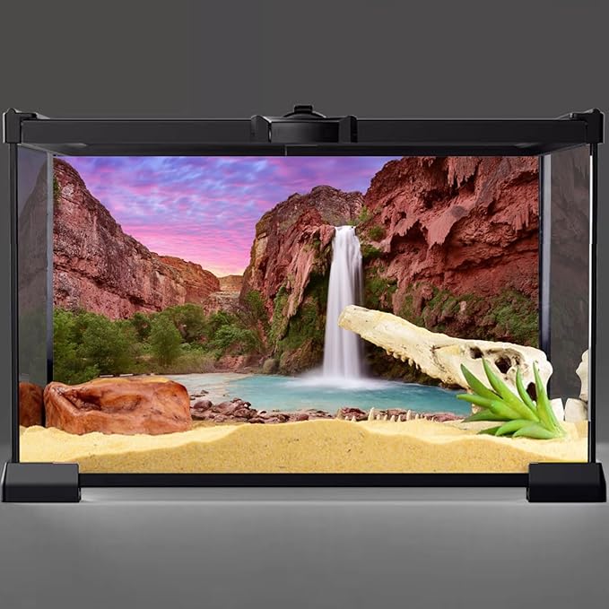 AWERT 36x20 inches Reptile Habitat Background Sunset Mountain Waterfall Terrarium Background