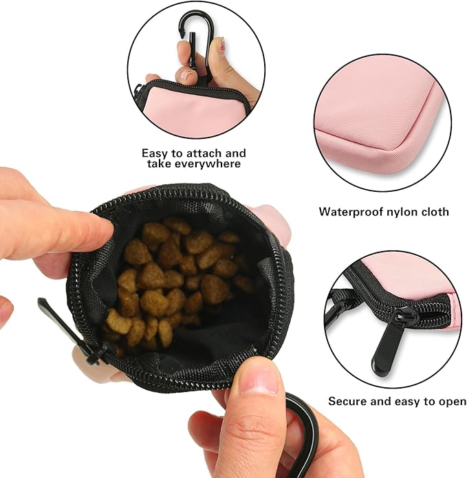 Dog Treat Pouch 2 PCS, Waterproof Small Dog Treat Bag for Leash, Hands Free Dog Walking Bag with Carabiner, Dog Poop Bag Holder for Pet Puppy Travel or Outdoor Use, Zipper Closure to Avoid Spilling