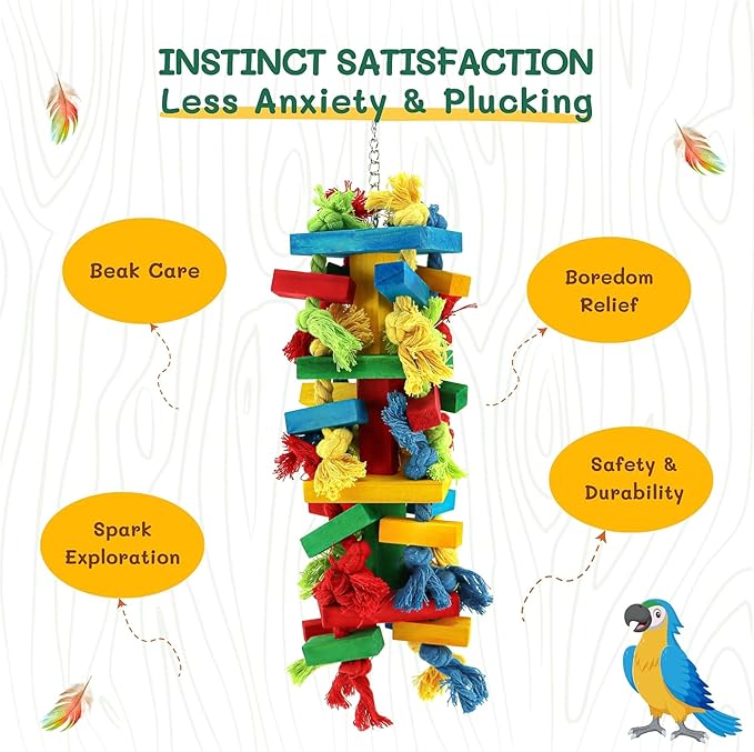 Bird Toys for Large Parrots - Macaw, African Grey, Cockatoo, Beak Exercise Chewing Toy with Colorful Wood Blocks & Ropes, Boredom Relief