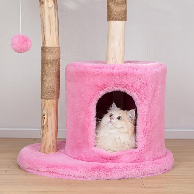 Modern Cat Tree for Indoor Cats, Large Adult 46" Tall, Wooden Cat Tower with Scratching Post, Luxury Cat Condo, Pink