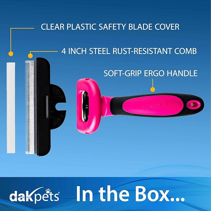 DakPets Stainless Steel Pet Deshedding Tool - Grooming Brush for Cats and Dogs, Removes Trapped Hair, Reduces Shedding by Up to 95%, All Hair Types, Includes Protective Blade Cover, Pink, 4 inches
