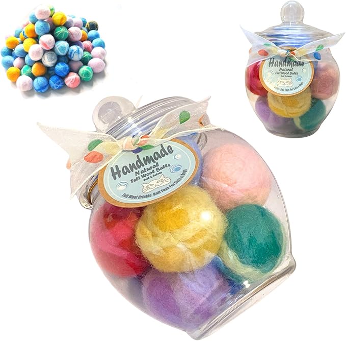 Felt Wool Cat Toys Ball with Catnip and Bell, Natural Handmade cat Toys Ferret Toys cat Gift Basket (Felt Wool Mixed in Jar)