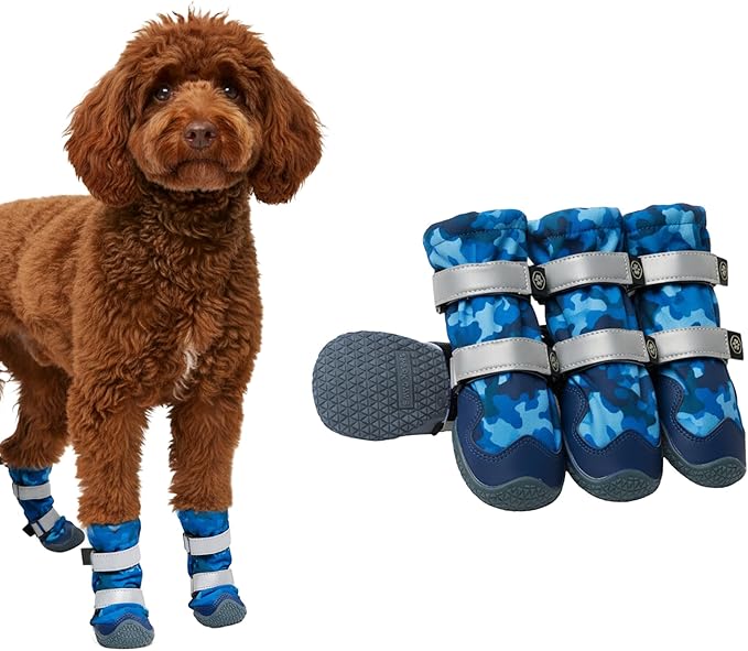Spark Paws Dog Shoes, Waterproof Dog Boots for Medium to Large Dogs, Non Slip, Breathable Dog Booties and Paw Protectors - 4PCS Doggie Hiking Boots with Reflective Straps, Blue Camo, Size 3